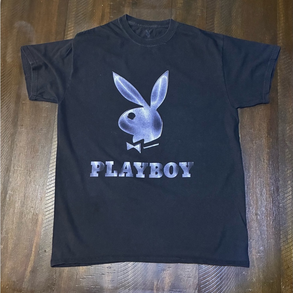 Playboy T-Shirt Medium Black Metallic Bunny Logo Streetwear Used